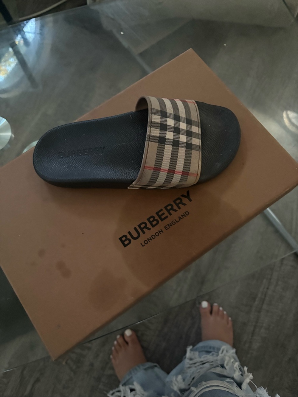 Burberry Men’s Black Slide Sandal with Classic Beige Nova Check Strap